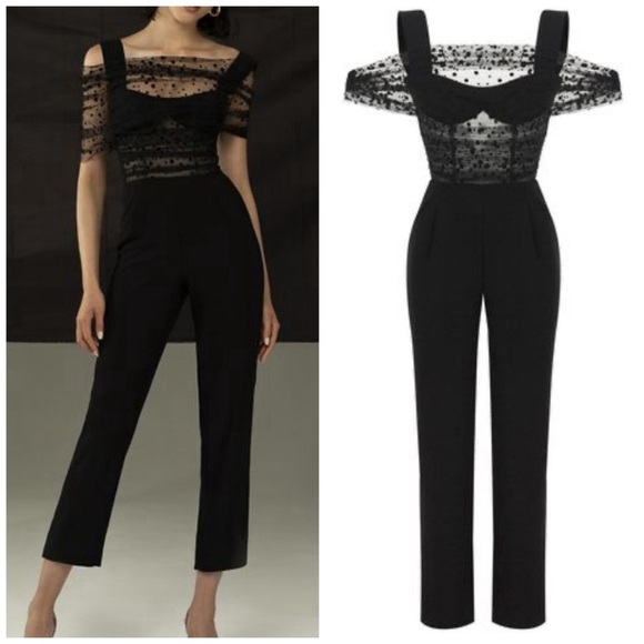 Rasario Pants - Rasario Draped Crepe Tulle Swiss Polka Dot Jumpsuit Black US 4 Cocktail Formal